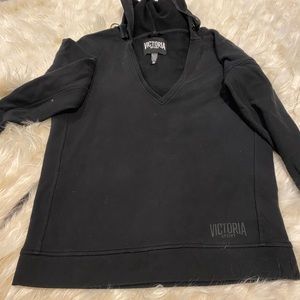 VICTORIA SPORT Pullover V-Neck Black Hooded Sweatshirt Hoodie
